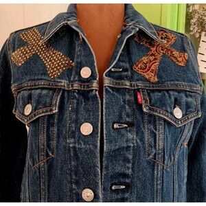 Y2K Denim Levi Trucker Jacket Rare Sz Small 57511 Cross Madonna Vintage Paisley